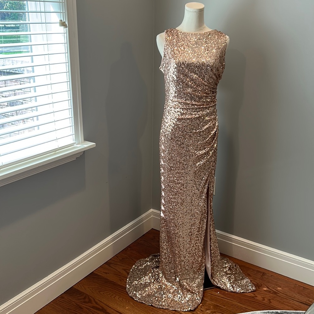 Badgley Mischka Rose Gold Sequin Maxi Gown